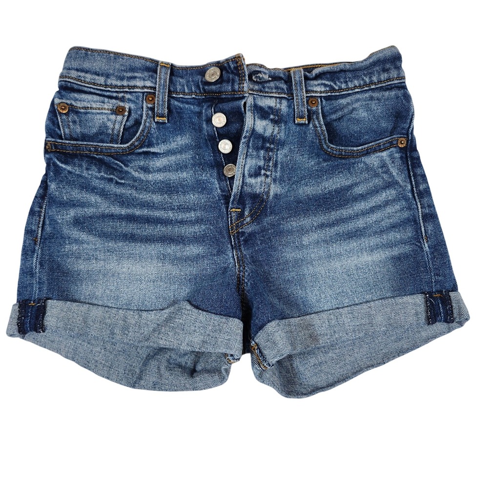 Levis 501 High Rise Denim Shorts Medium Wash Blue Button Fly Cuffed Size 25
